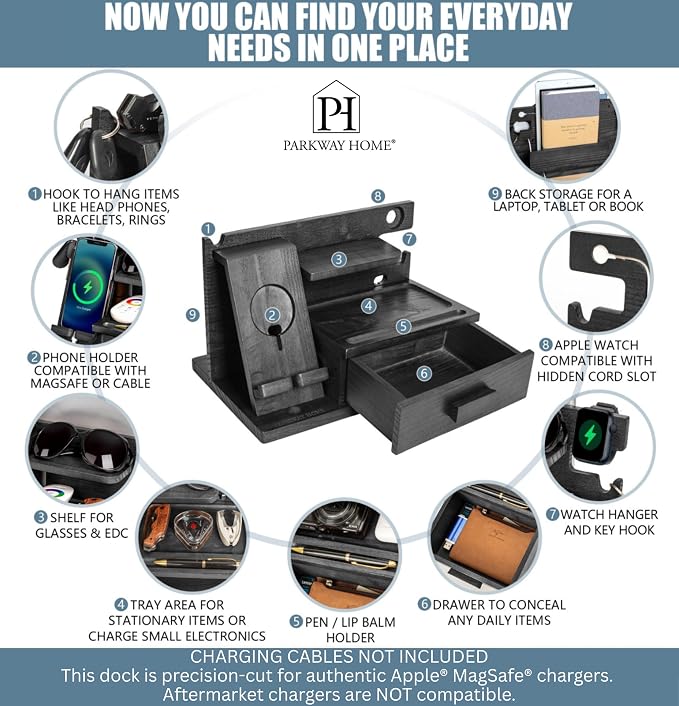 Parkway Home Black Wood Phone Docking Station with Drawer, Compatible with Apple Watch - Wood Charging Station Organizer Stand, Bedside Nightstand Organizer for Men, Holds, Tablet, Glasses, Keys, EDC