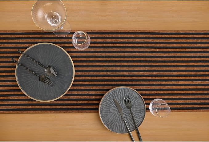 Solino Home Striped Table Runner 132 Inches Long - Amalfi Stripe 100% Pure Linen Pumpkin and Black Dining Table Runner 14 x 132 Inch
