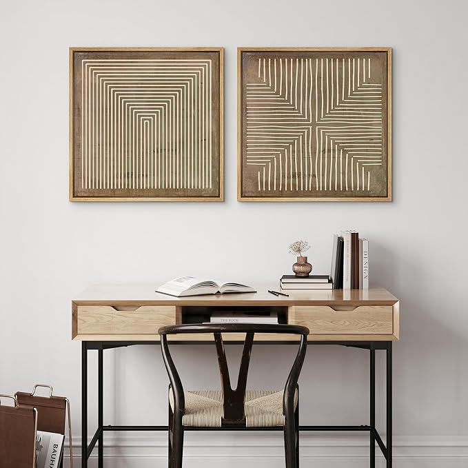 SIGNFORD Framed Canvas Print Wall Art Set Linear Abstract Monochromatic Lines and Abstract Form Illustrations Modern Art Minimal Relax/Calm for Living Room, Bedroom, Office - 16"x16"x2 Natural