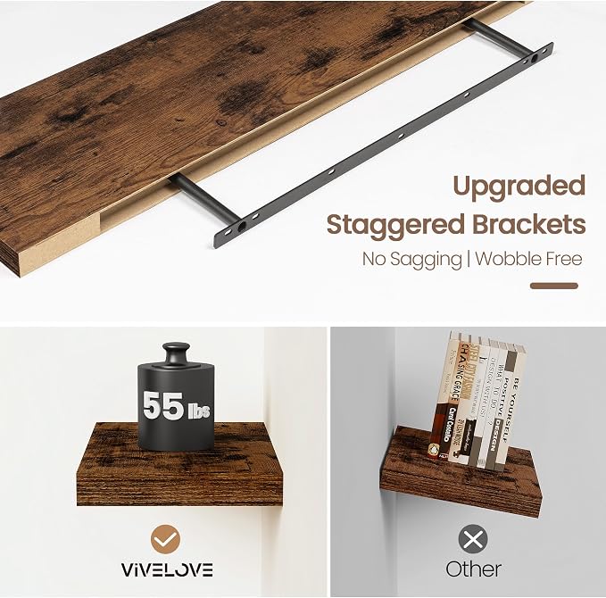 Vivelove Floating Shelves for Wall Mounted, 40 Inches Long Shelves, Display Shelf for Bathroom Living Room Kitchen Bedroom Office Farmhouse Home Decor, 40" X 9.3" X 1.5" - Set of 2, Rustic Brown