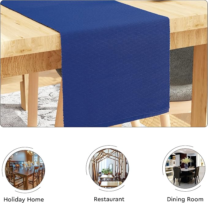 Encasa XO Dining Table Runner 13"x79" | Yarn Dyed Fine Ribbed Cotton | Solid Blue | Machine Washable