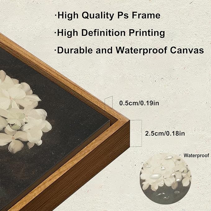 KBKBART Framed Wall Art Vintage Wall Art Room Decor, White Hydrangea Still Life Flower Canvas Oil Painting Prints, Classical Floral Wall Decor, Bedroom Bathroom Pictures Artwork（8“x10