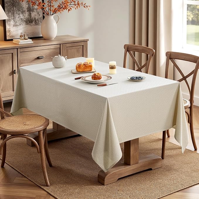 MIULEE Natural Beige Linen Cotton Table Cloth Rectangle Tablecloth Spring Waterproof Spillproof Cross-Star Textured Table Cloth Decorative Farmhouse Style for Dining Party Weddings 52x70 Inch