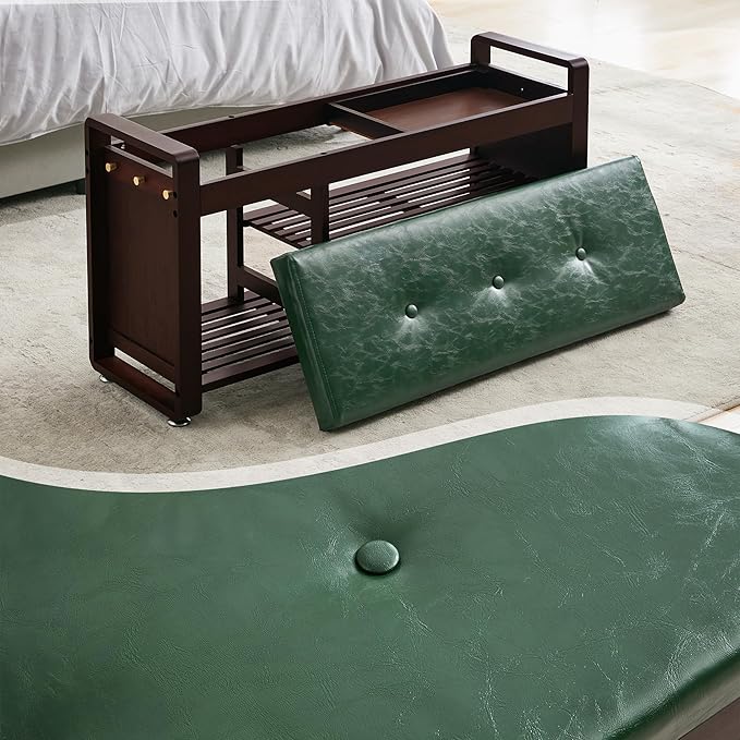 Nnewvante 37.4" Shoe Rack Bench with Leather Cushion, 3-Tier Bamboo Shoe Storage Bench with Drawer and 3 Side Hooks, Sturdy Entryway Bench Supports 330 lb for Hallway, Living Room, Bedroom