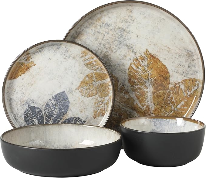 Gibson Elite Chantilly Hill 16-Piece Porcelain Dinnerware Set, Round Plates & Bowls, Multicolor Leaf Design, Microwave & Dishwasher Safe, Service for 4