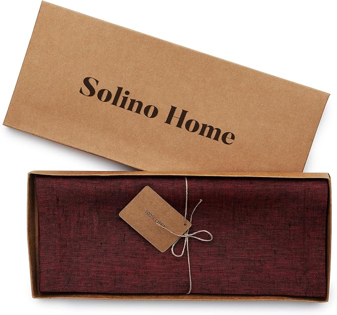 Solino Home Linen Red Garnet Table Runner 156 Inches Long - Athena, 100% Pure Linen 14 x 156 Inch Table Runner for 4th of July