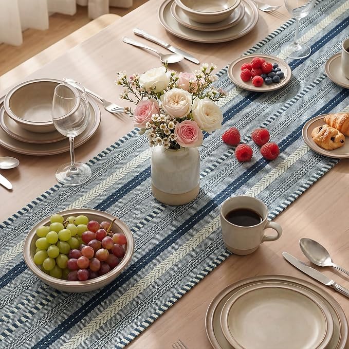 Artoid Mode Dark Blue Farmhouse Woven Table Runner, Seasonal Holiday Rustic Kitchen Dining Table Decoration for Home Party Decor 12x36 Inch