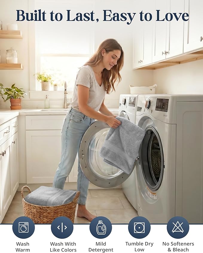 LANE LINEN 100% Cotton Turkish Towel Set for Bathroom - 6 Piece - Super Soft, Quick Dry & Highly Absorbent - 2 Bath, 2 Wash cloths, 2 Hand Towels - Hotel Quality, Durable & OEKO-TEX Certified - Grey