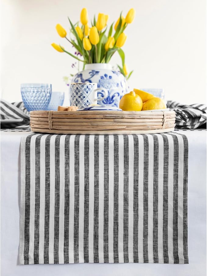 Solino Home Linen Table Runner 144 Inches Long - Amalfi Stripe, 100% Pure Linen Black and White Table Runner 14 x 144 Inch for Dining, Summer