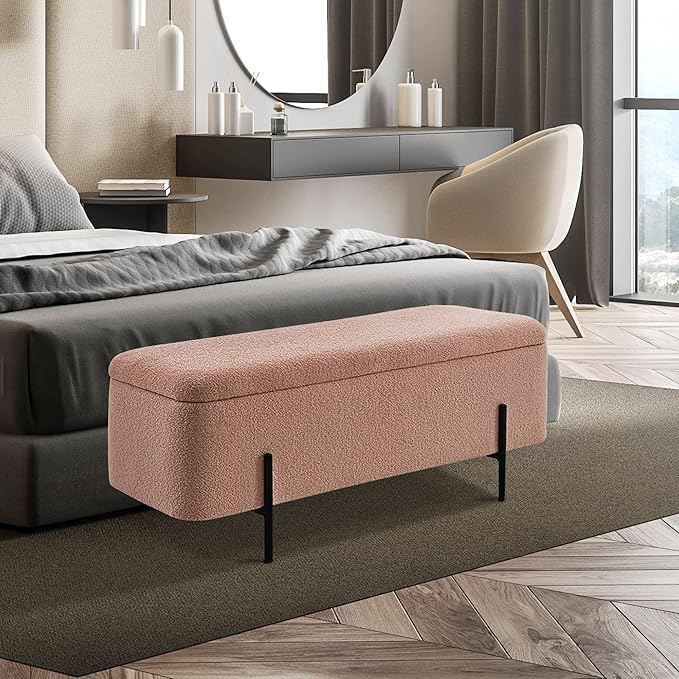 MCombo Storage Ottoman Bench, Teddy Fabric Upholstered Footstool with Storage Space, Bed End Bench for Bedroom, Living Room, Entryway W709 (Pink)