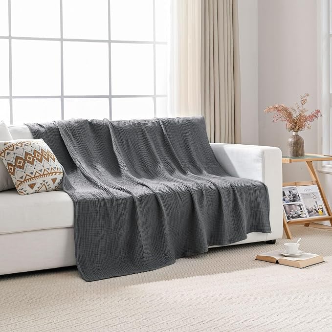 Esterra Muslin Twin Size Cozy Soft Lightweight Pre-Washed Cotton Blanket, All Season Breathable 4-Layer Gauze Blanket Throw for Couch Bed, Dark Gray, 66x90 Inches