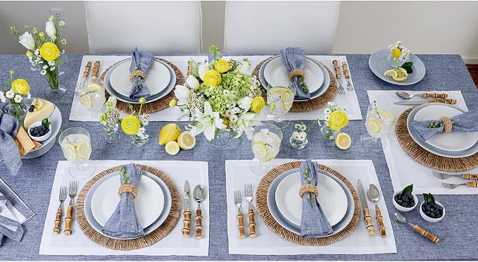 Solino Home Linen Tablecloth 60 x 120 Inch - 100% Pure Linen Chambray Indigo Table Cloth for Rectangle Tables - Athena, Machine Washable Tablecloth for Summer