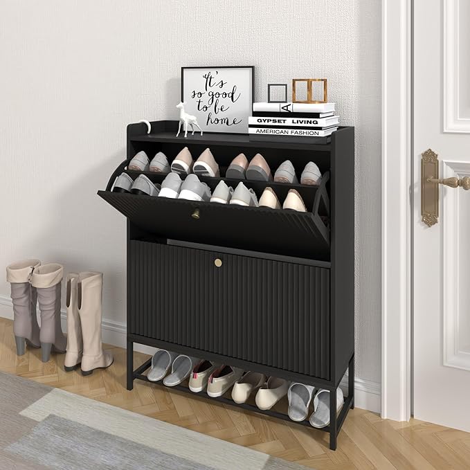 RARZOE Fluted Shoe Cabinet for Entryway with 2 Flip Drawers, Narrow Wood Shoe Cabinet with Fluted Panel, Slim Hidden Shoe Organizer Closed Shoe Rack with Metal Legs for Foyer,Hallway(31.5''Black)