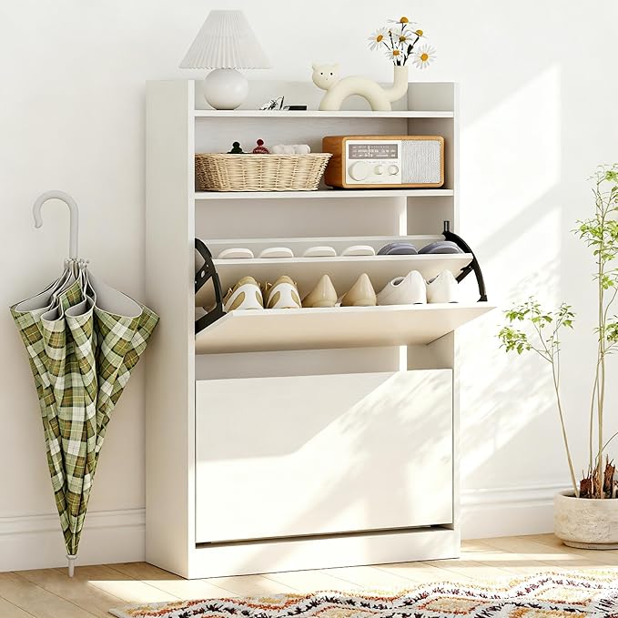 Giantex Shoe Cabinet with 2 Flip Drawers, Freestanding Hidden Shoe Rack Organizer Cabinet with 2 Open Shelves, Slim Shoe Storage Cabinet for Entryway, Hallway, Foyer, White