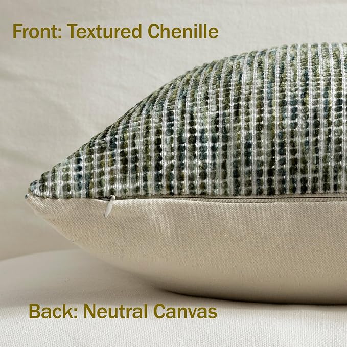 Pack of 2 Neutral Euro Sham Covers 26x26 Boho Textured Dots Stripe Chenille Large Square Decorative Throw Pillow Cases Accents for Bredroom Living Room Couch Bed Farmhouse Home Decor, Olive Green