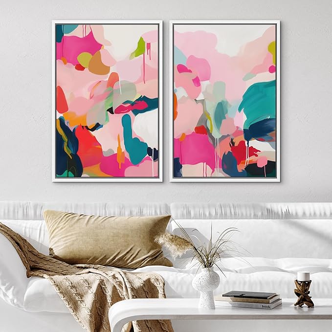 SIGNWIN Framed Canvas Print Wall Art Colorful Abstract Vibrant Pink and Blue Drip Illustrations Modern Art Decorative Contemporary for Living Room, Bedroom, Office - 24"x36"x2 White