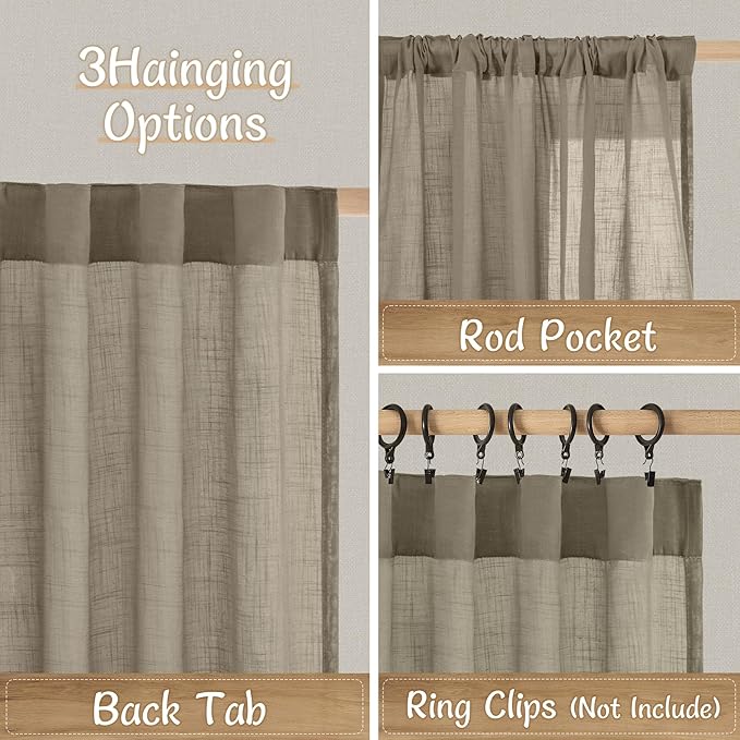 LAMIT Taupe Sheer Linen Curtains 48 Inch Length, Light Filtering Short Kitchen Window Drapes Back Tab and Rod Pocket Neutral Farmhouse Panels for Bedroom/Cafe, 2 Panels, 34 x 48 Inch