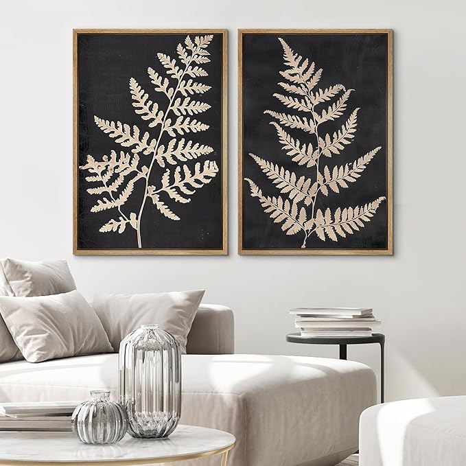 SIGNWIN Framed Canvas Print Wall Art Vintage Fern Leaf Silhouettes Natural Botanical Rustic Illustrations Modern Art Decorative Contemporary for Living Room, Bedroom, Office - 16"x24"x2 Natural