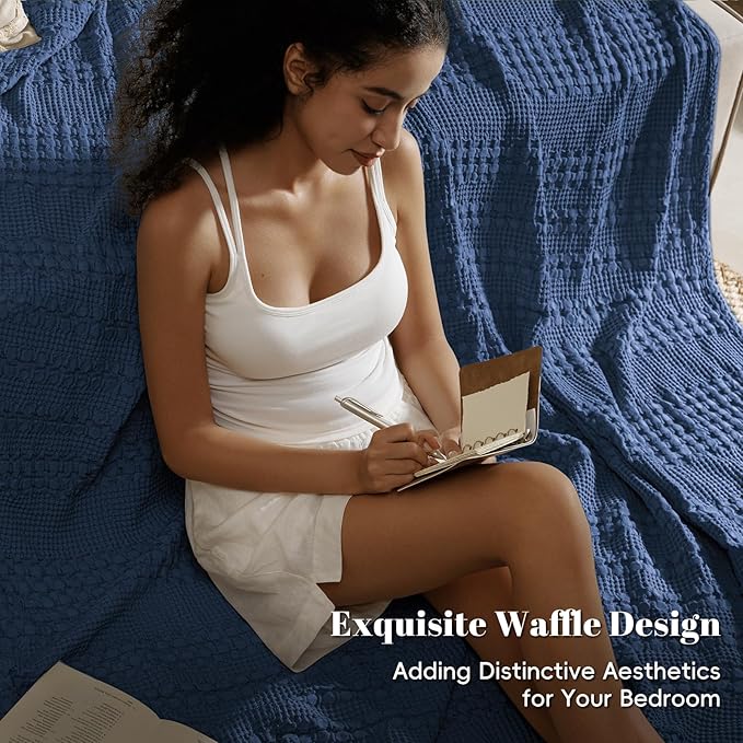 PHF 100% Cotton Waffle Weave Blanket Queen Size for Bed, Soft Lightweight & Breathable for Spring and Summer, All-Season Comfort, Luxury Aesthetic Blanket for Home Decor, 90"x90", Blue Sapphire