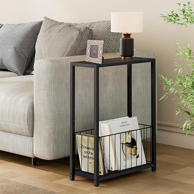 Homleke Narrow Side Table with Magazine Holder, Skinny End Table Perfect for Small Spaces, Space-Saving Design for Living Room, Bedroom, or Office, 7.1" D x 16.9" W x 23.6" H, Black