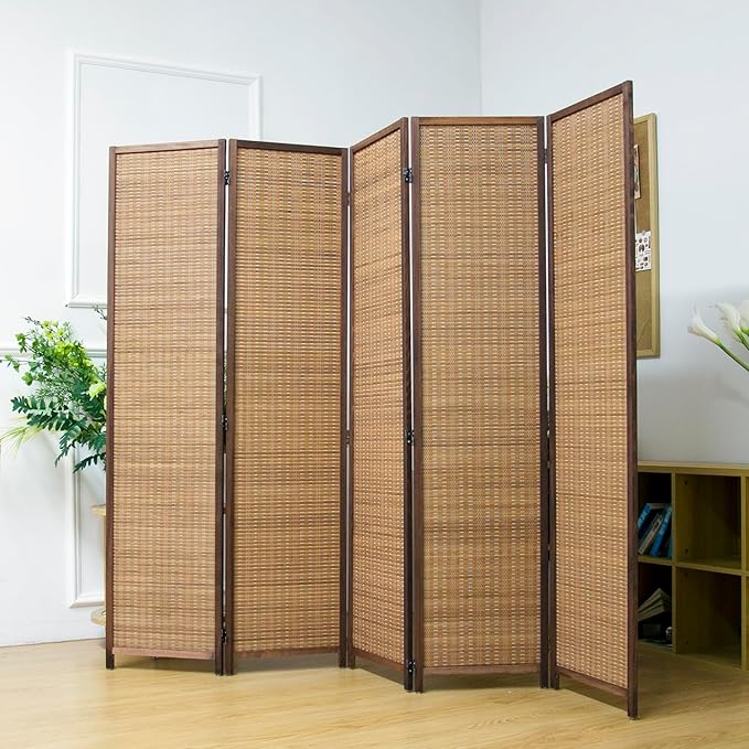 5 Panel Bamboo Room Divider Screen,5.6 FT Tall Bamboo Divider Folding Privacy Screen,Freestanding Panel Divider for Room Seperation,Brown