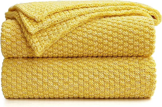 Longhui bedding 100% Cotton Knitted Throw Blanket – Yellow, Soft & Cozy, Machine Washable, 60"x80" – Perfect for Living Room, Couch, Sofa, Bed or Travel