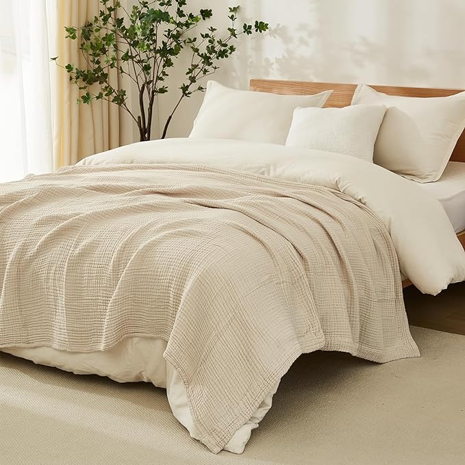 EMME Cotton Blanket Queen Size for Bed Soft Muslin Bed Blankets 90"x90" Light Tan Lightweight Breathable Bedspread Coverlet All Season Gauze
