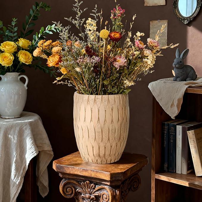 16" H x 14" Dia Weathered Concrete Planter, Large Indoor Outdoor Decorative Flower Pot with Drainage Hole, Modern Round Design for Home, Garden, Patio, Porch, or Courtyard, Vintage Yellow Stone Finish