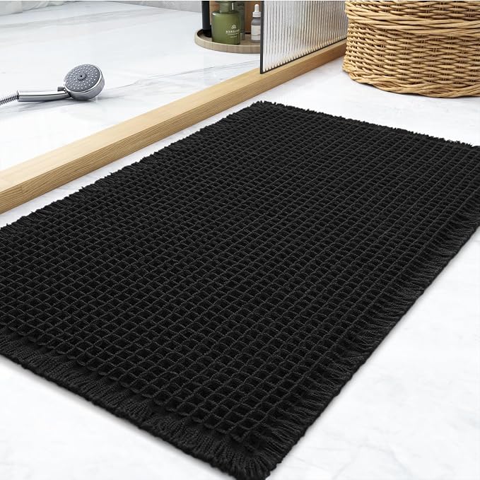 tchdio Waffle Bath Mat Rug, Super Absorbent Non Slip Bath Mats Ultra Soft Bathmat Machine Washable Bathroom Rugs with Tassels, Bath Rugs for Bathroom Floor Beside Tub, 17" x 24", Black