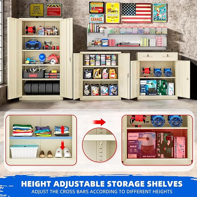 INTERGREAT Metal Storage Cabinet with Lock,72" Tall Steel Cabinets with 2 Doors and 4 Adjustable Shelves,Lockable Steel Storage for Home Office, Garage, Warehouse (Grey)