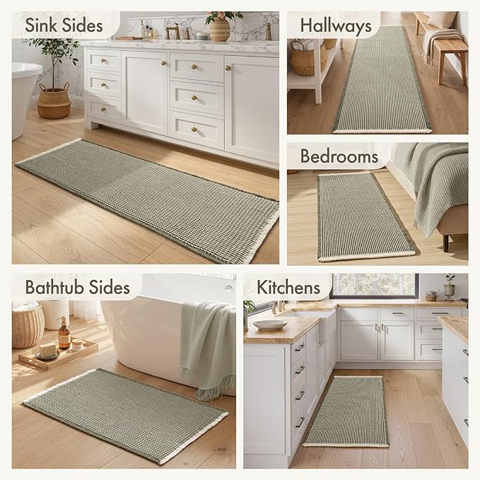 MIULEE Waffle Bathroom Runner Rugs, Super Absorbent Non Slip Bath Rug, Soft Quick Dry Washable Boho Large Bath Mat with Tassels for Hallway Laundry Room Bedroom, 2'x5' (24"x60"), Green & Cream