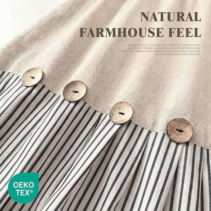 Farmhouse Shower Curtain Linen Button Woven Fabric Country Rustic Western, Pleated Black Stripe 72" W x 72" L