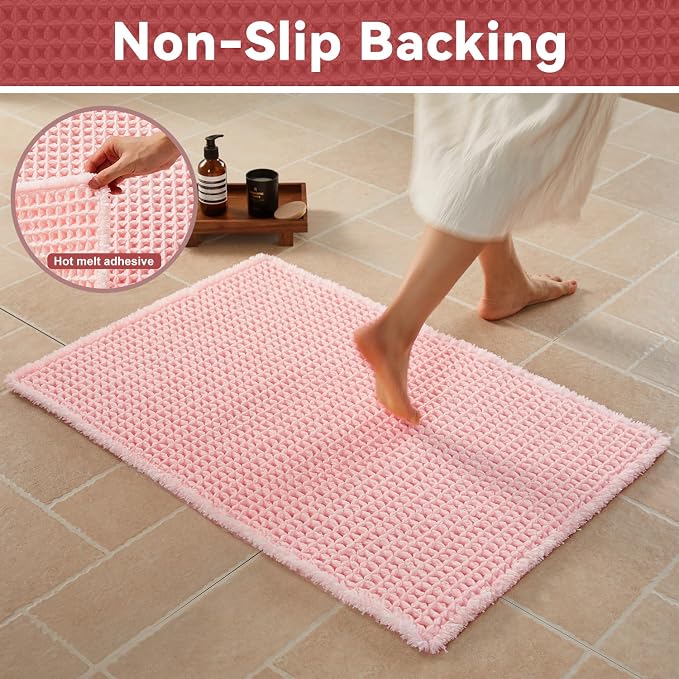 Triohero Waffle Runner Bath Mat - Long Bathroom Rugs Non Slip Washable, Ultra Soft Super Absorbent Quick Dry Boho Farmhouse Bathroom Decor, 24" x 60"', Light Peachy Pink