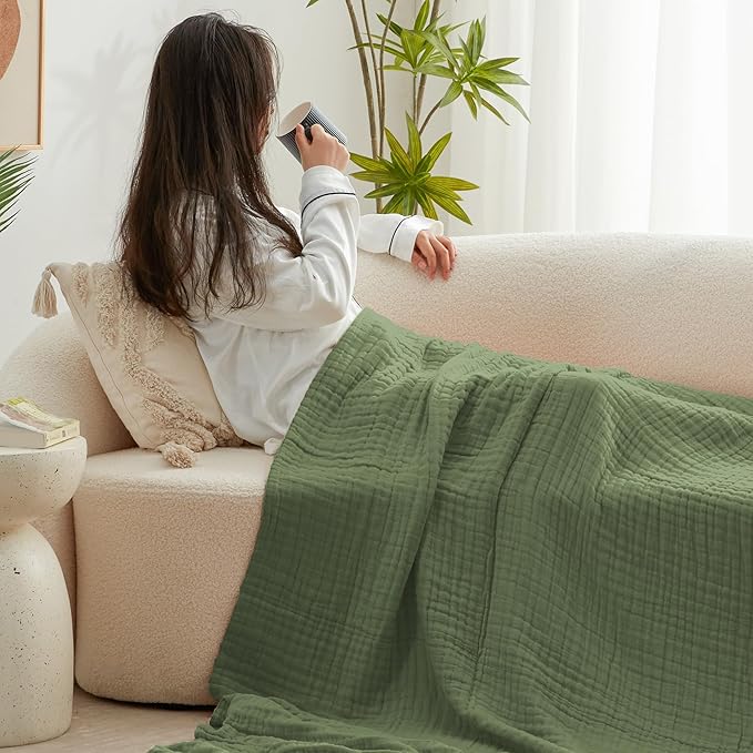 Love's cabin 100% Cotton Muslin Blanket, 6 Layer Lightweight Breathable Gauze Queen Size Blanket 90 x 90 Inches, Soft All Season Blanket for Bed, Sage Green