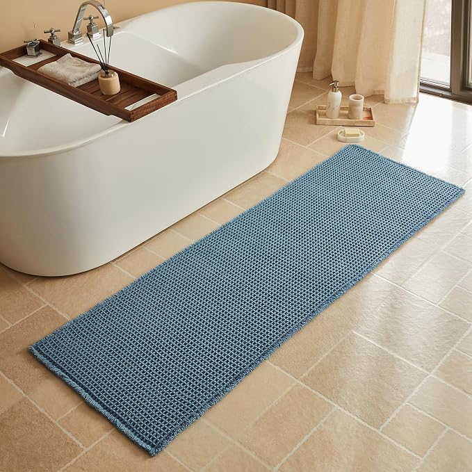 Triohero Waffle Runner Bath Mat - Long Bathroom Rugs Non Slip Washable, Ultra Soft Super Absorbent Quick Dry Boho Farmhouse Bathroom Decor, 24" x 72", Denim Blue