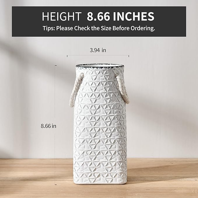 Vaseking Elegant White Petite Vase, 8.66 inch Ceramic Modern Minimalism Geometric Texture Purse Vase with Hanging Rope, Creative Tote Bag Vases for Home Decor, Living Room, Wedding, Bookshelf Decor