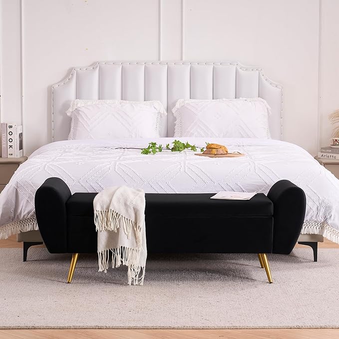 Velvet Storage Bench for Bedroom, 57" Long Bench for King Size Bed, Modern Upholstered End of Bed Ottoman Bench with Arms and Gold Legs for Entryway Living Room (Black)