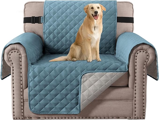 H.VERSAILTEX Reversible Chair Sofa Slipcover Water Repellent Chair Cover Non Slip Pet Couch Protector Washable Furniture Protector with Elastic Strap for Kids(Armchair, Cameo Blue/Beige)