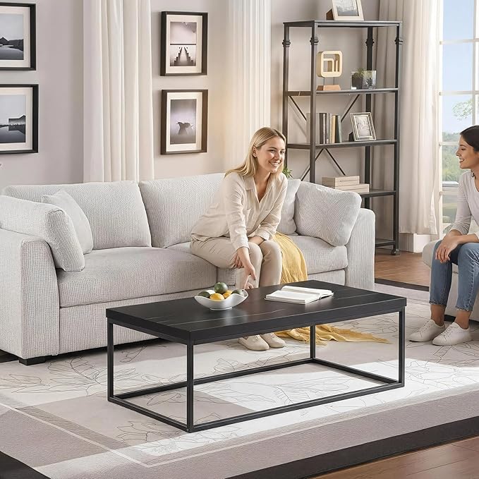 CENSI Modern Black Marble Coffee Table for Living Room - 47" Rectangular Center Table with Extra Thick 1.6" Faux Stone Top & Sturdy Metal Frame, Industrial Cocktail Table, Easy Assembly