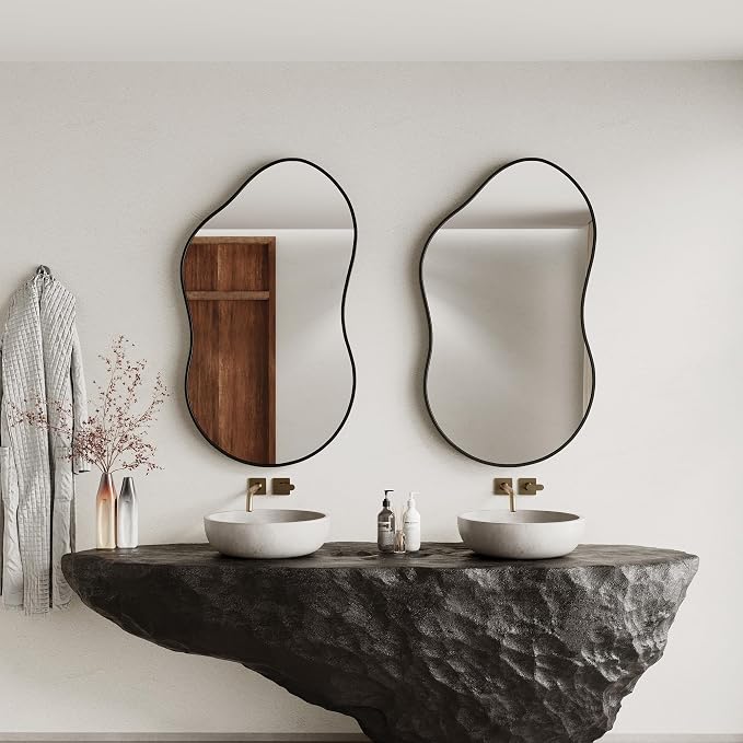 Irregular Wall Mirror - 26''×46'' Asymmetrical Decorative Tempered Glass Aluminum Alloy Framed Mirrors Cloud Mirror Wavy Mirrors for Bathroom, Bedroom, Living Room, Entryway（Black）
