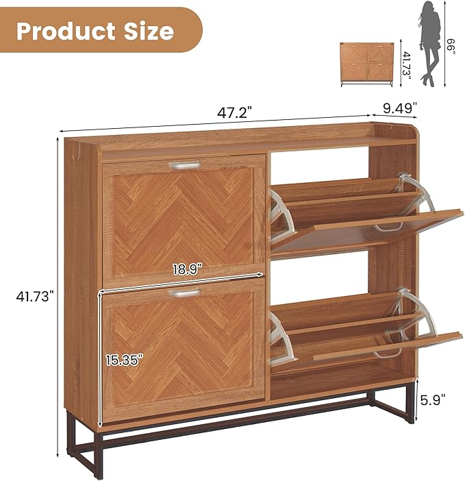 47.2" Shoe Cabinet Storage for Entryway, Narrow Wood Shoe Organizer with 4 Flip Drawers & Adjustable Shelves,Freestanding Hidden Shoe Storage Organizer with Hooks for Entryway, Foyer, Hallway, Walnut