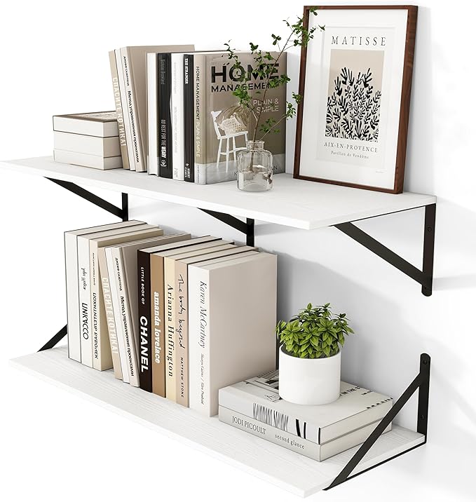 Heimlove White Deep Floating Shelves for Wall, 32W x 12D Wood Wall Shelves Set of 2, Wide Floating Bookshelf for Living Room, Kitchen, Office, Bedroom and Decor Storage, with Black Bracket - White