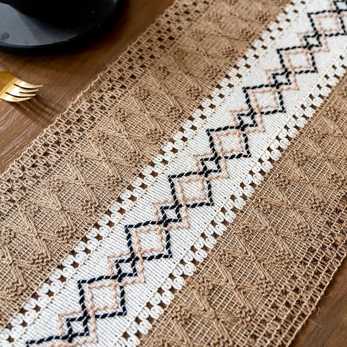 EMMTEEY Macrame Table Runner Boho Style - Scratch & Heat Resistant, Hexagonal Grid Cotton Linen Table Runner with Tassels for Home Decor/Bedroom (12"X94", Brown White)