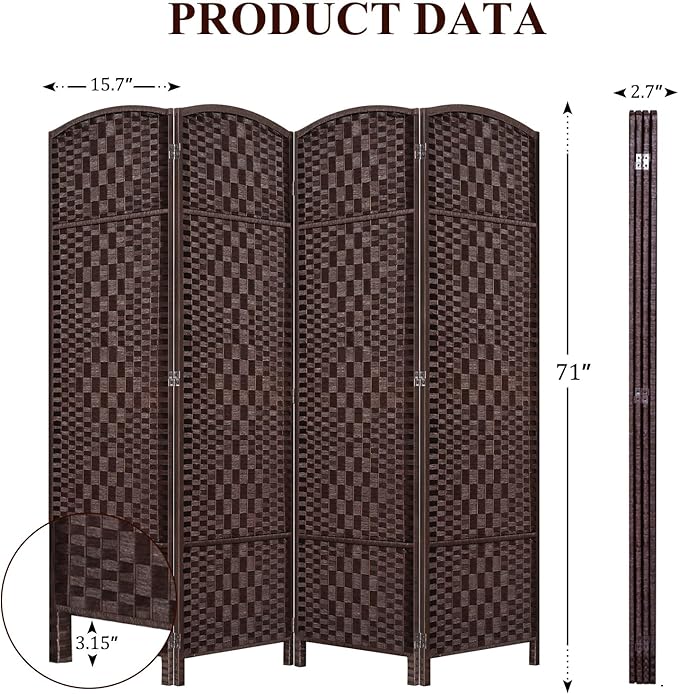 HALLYBEE Room Divider, Room Dividers and Folding Privacy Screens, 16in Privacy Screen, 4 Panel Temporary Wall Partitions, 6ft Space Separation Panel Screen, Brown