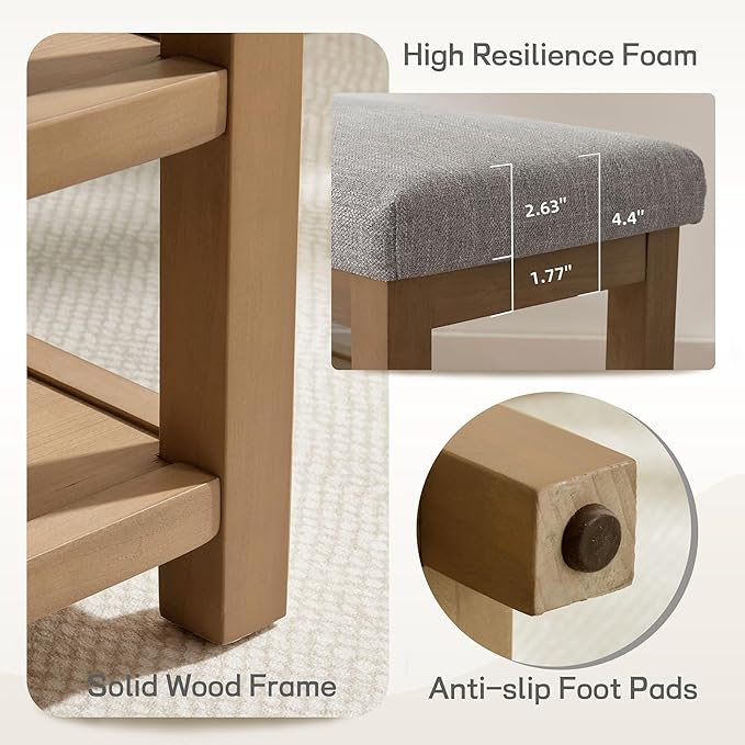 Zihanhome 2 Tier Shoe Rack Bench with Cushion, Solid Wood Shoe Benches, Mid-Century Modern Shoe Storage Bench for Entryway, Hallway, Living Room, Closet, Front Door Entrance, (Grey, 39.4")