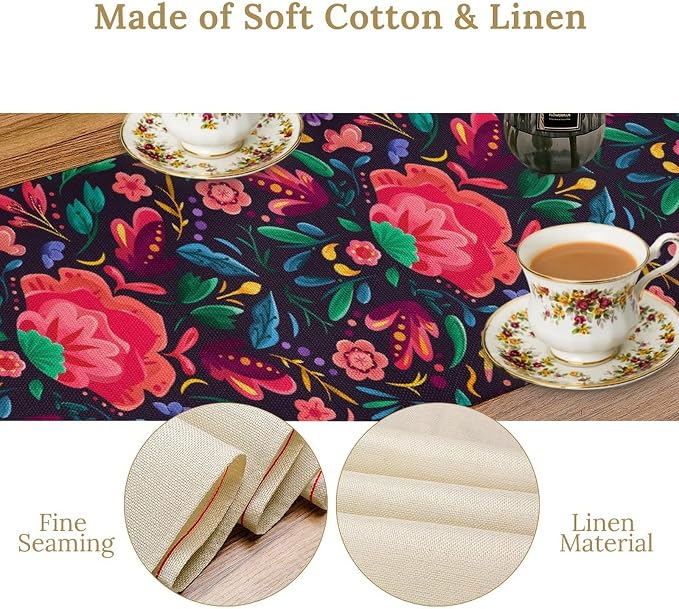 YCness Mexican Fiesta Table Runner Colorful Floral Plants Traditional Pattern Traditional National Ornament Table Runner for Party Living Room Home Bedroom Kitchen, 13x36 Inch