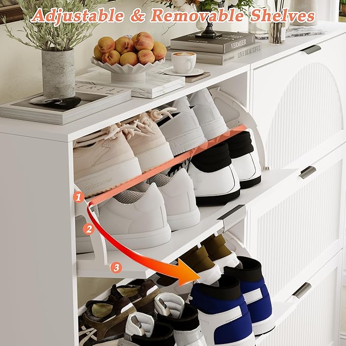 Shoe Storage Cabinet with 3 Flip Drawers, Narrow Wood Shoe Organizer Cabinet with Fluted Panel, Slim Shoe Rack for Entryway, Freestanding Shoe Cabinet for Living Room, Hallway, White