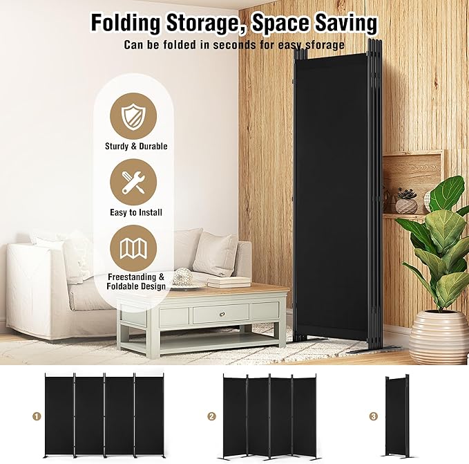 Room Divider 6FT Tall Folding Privacy Partition Screen, 88'' W Portable Wall Divider for Room Separation, Freestanding 4 Panel Room Divider Panel Privacy Screen for Dorm Studio Office, Black