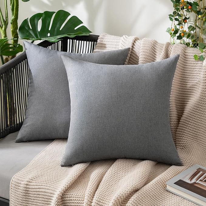 MIULEE Pack of 2 Decorative Outdoor Solid Waterproof Throw Pillow Covers Faux Linen Garden Farmhouse Cushion Cases for Patio Tent Balcony Couch Sofa 20x20 Inch Light Grey