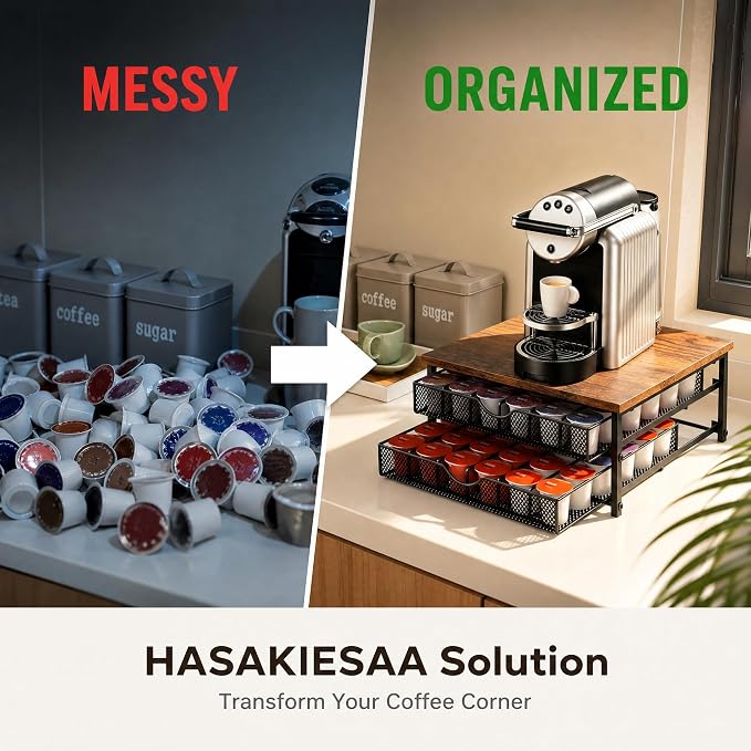 Coffee Pod Organizer 2 Tier Coffee Pod Drawer Holder 72 Capacity K Cup Coffee Capsule Storage Rack for Countertop Metal Coffee Pod Storage with Sliding Baskets for Home Office Coffee Station